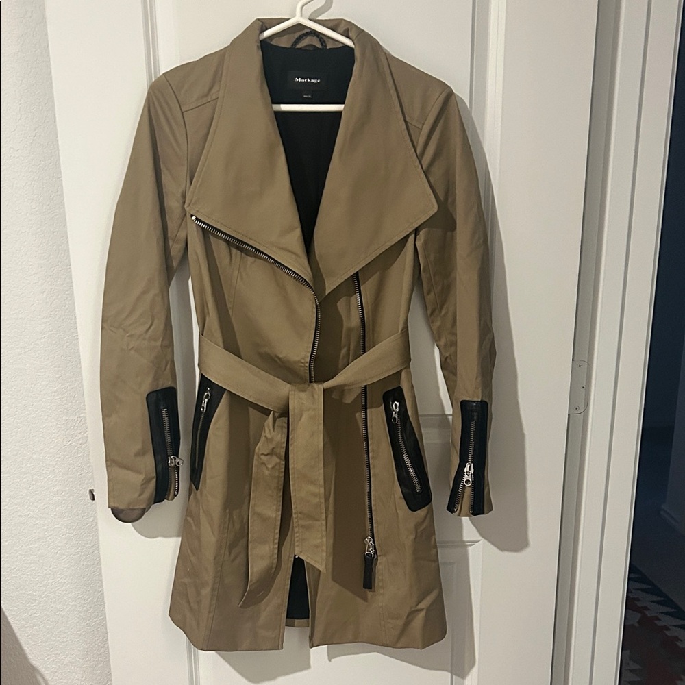Mackage Tan Trench Coat with Black Trim and Belt